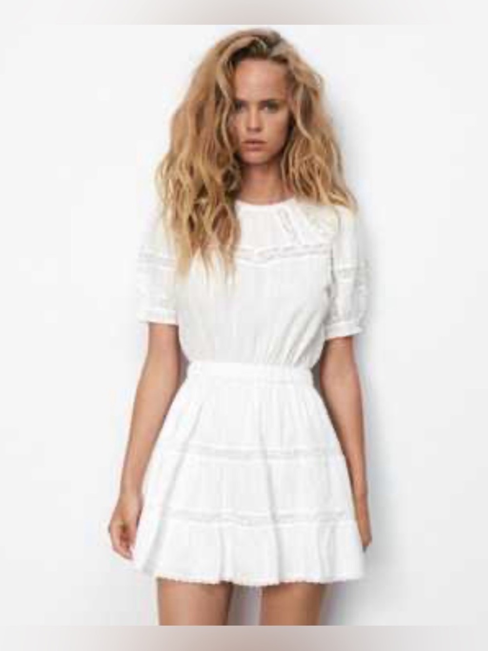 Zara White Lace-Detail Tiered Mini Dress